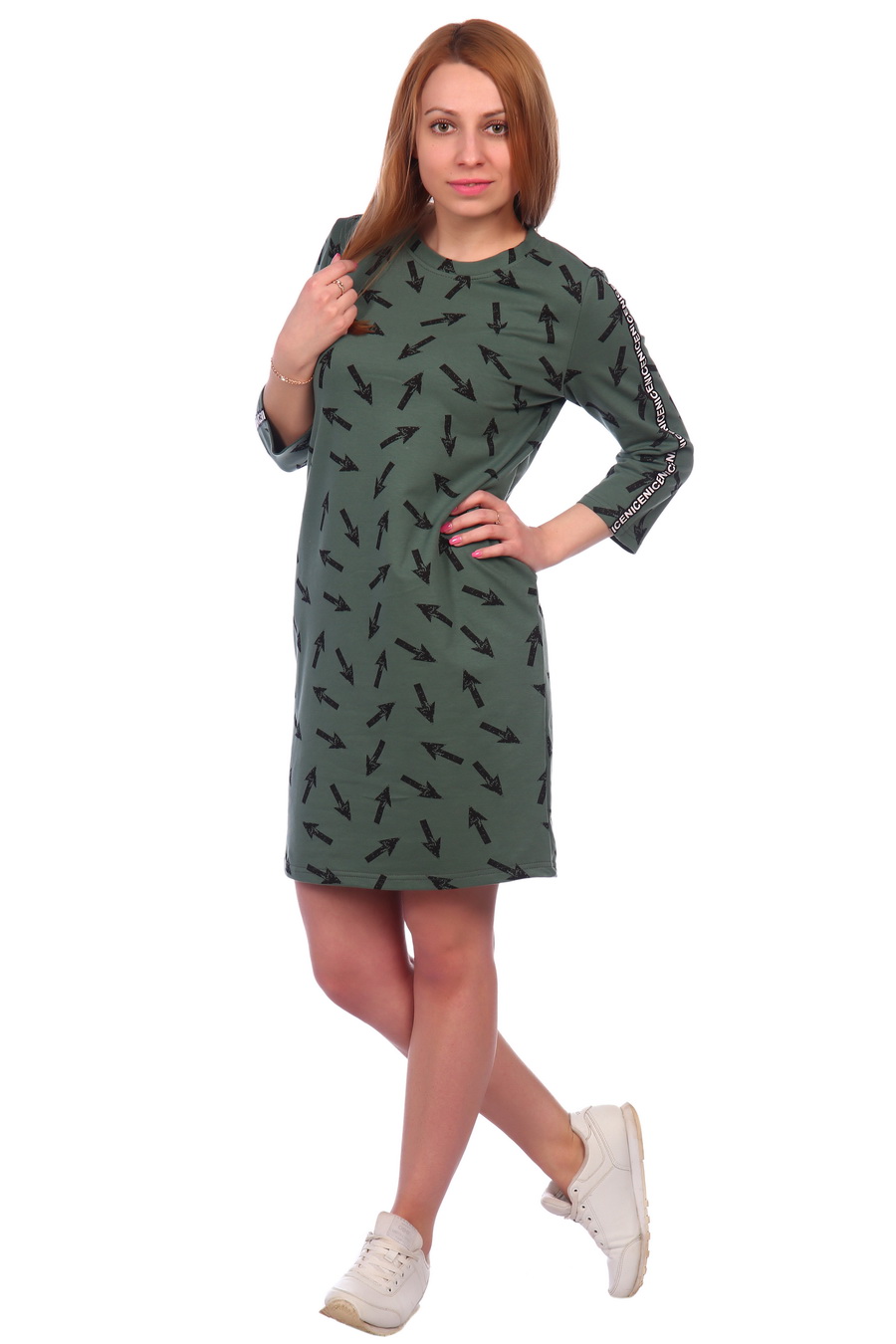 Фото товара 18378, зеленое платье со стрелками